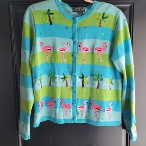 Tropical Ebroidered Flamingos Palm Trees by Betek Cardigan Sweater Size Medium